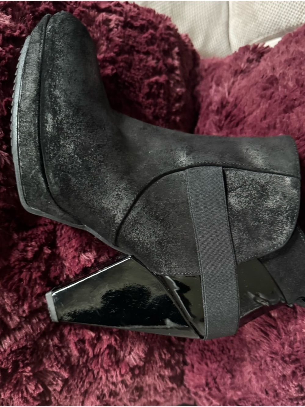 John Fluevog Black Suede Platform Ankle Boots with Glossy Geometric Heel